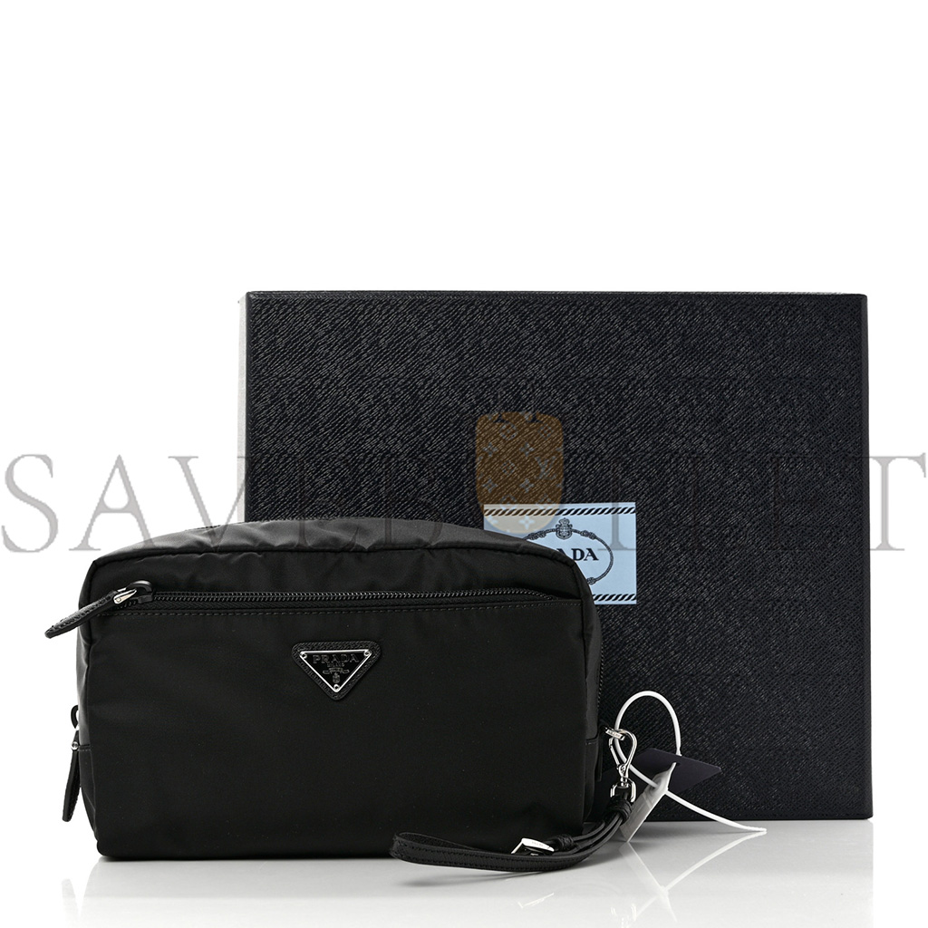 PRADA RE-NYLON SAFFIANO POUCH WRISTLET BLACK (25*13*11cm)