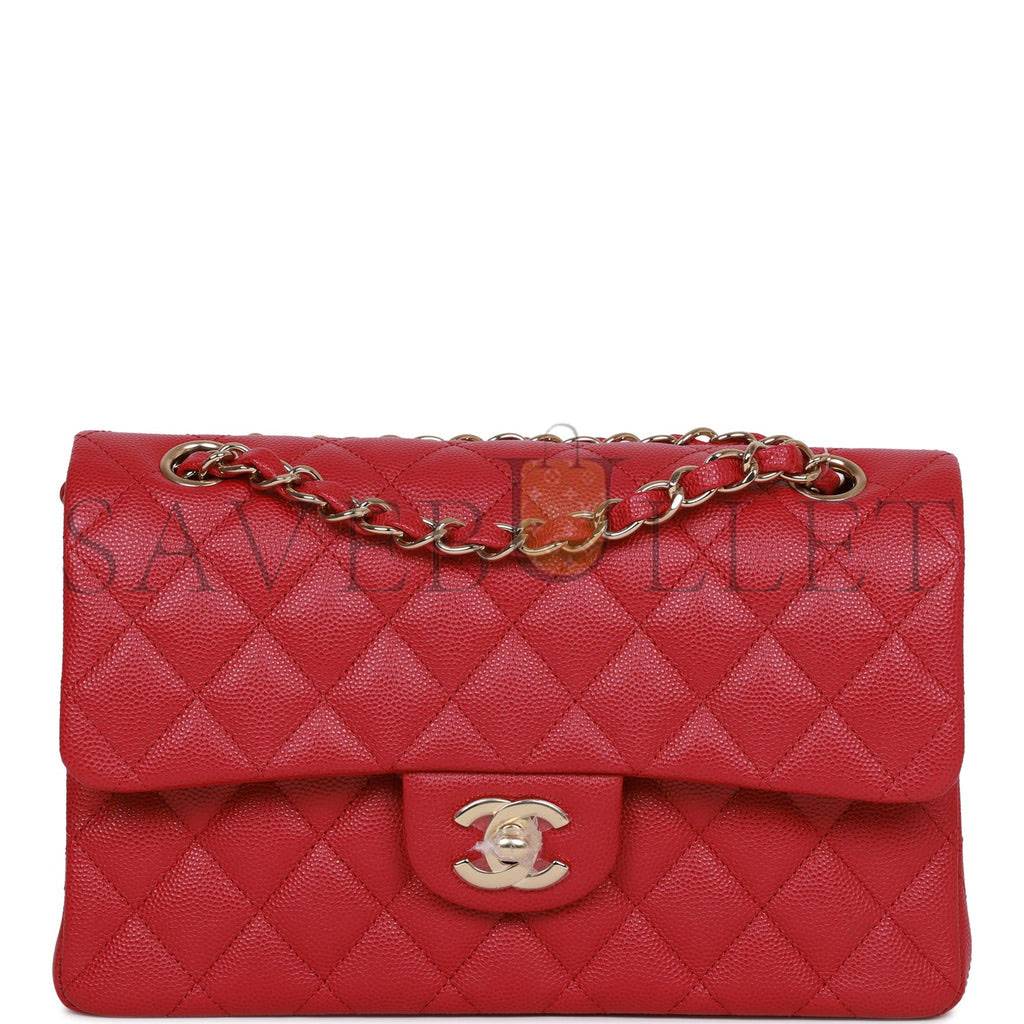 CHANEL SMALL CLASSIC DOUBLE FLAP DARK PINK CAVIAR LIGHT GOLD HARDWARE (23*13*6cm)