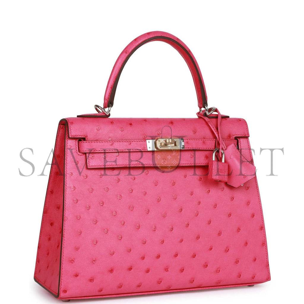 HERMES SPECIAL ORDER (HSS) KELLY SELLIER 25 ROSE TYRIEN VERSO OSTRICH PALLADIUM HARDWARE HANDMADE (25*17*7cm)