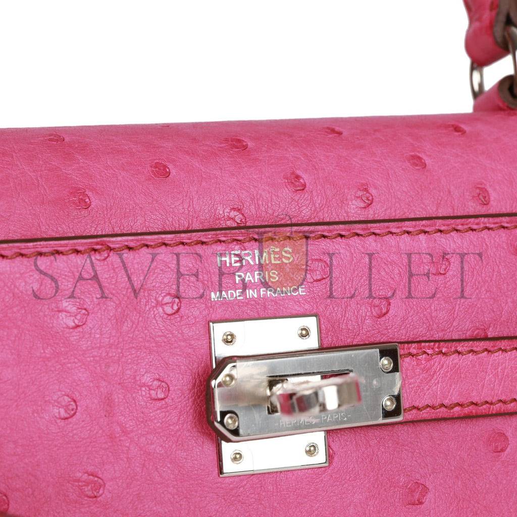 HERMES KELLY SELLIER 25 FUCHSIA OSTRICH PALLADIUM HARDWARE (25*17*7cm)