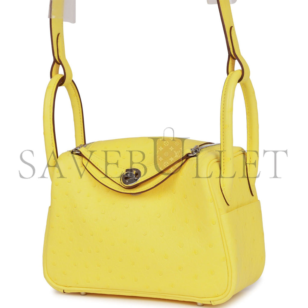 HERMES MINI LINDY JAUNE CITRON OSTRICH PALLADIUM HARDWARE (19*12.5*9)