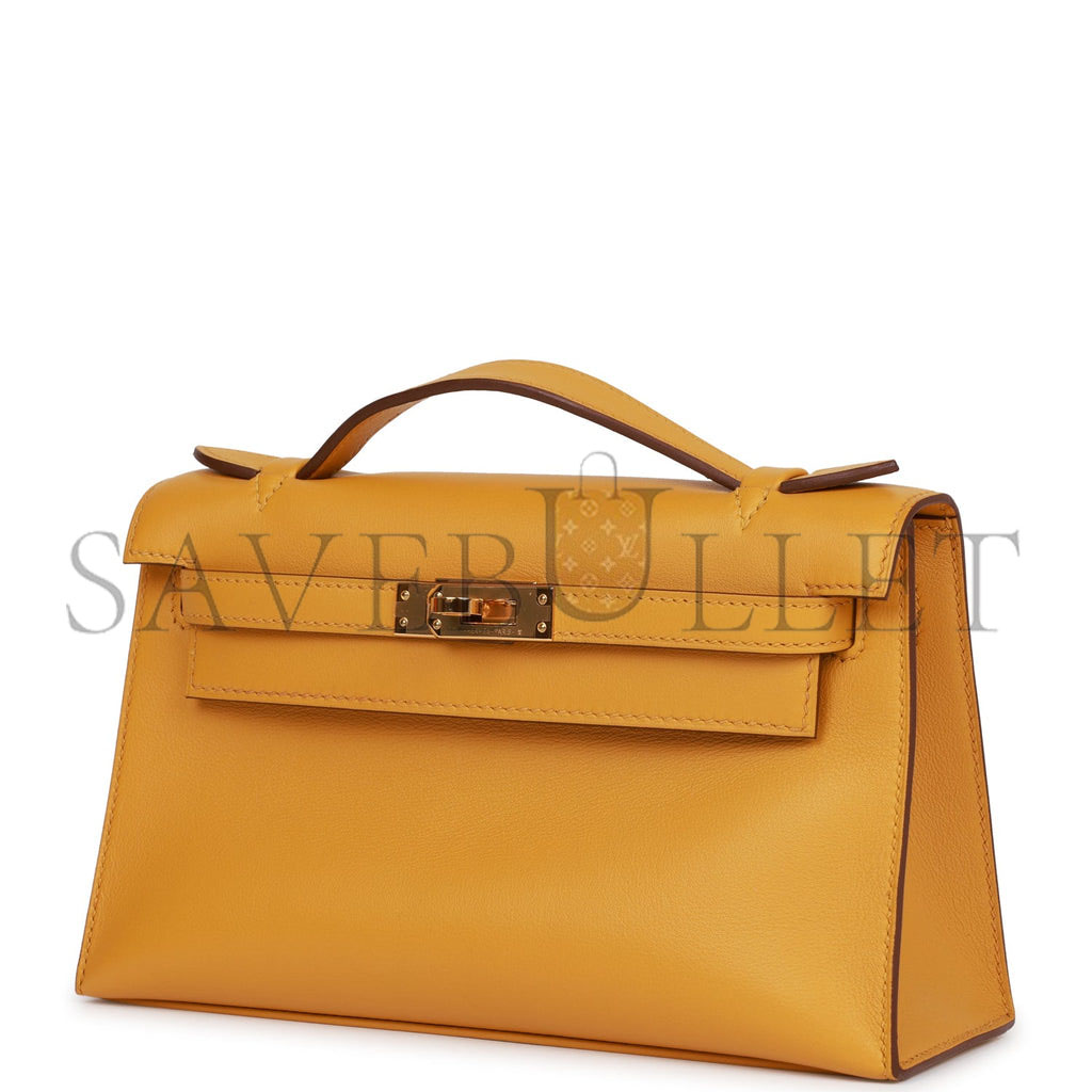 HERMES KELLY POCHETTE JAUNE AMBRE SWIFT GOLD HARDWARE  (22*12*13cm)