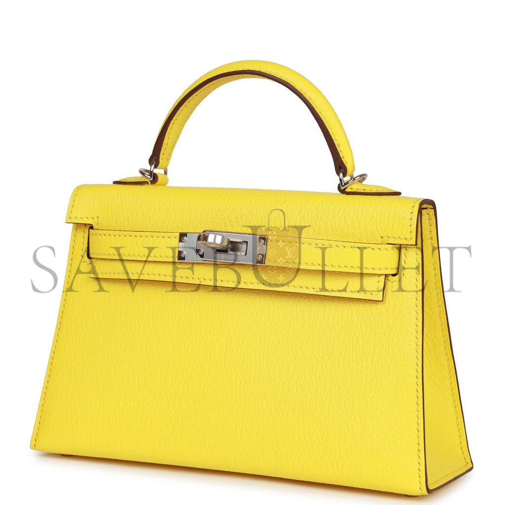 HERMES MINI KELLY SELLIER 20 JAUNE CITRON CHÈVRE PALLADIUM HARDWARE (19*12*5.5cm)