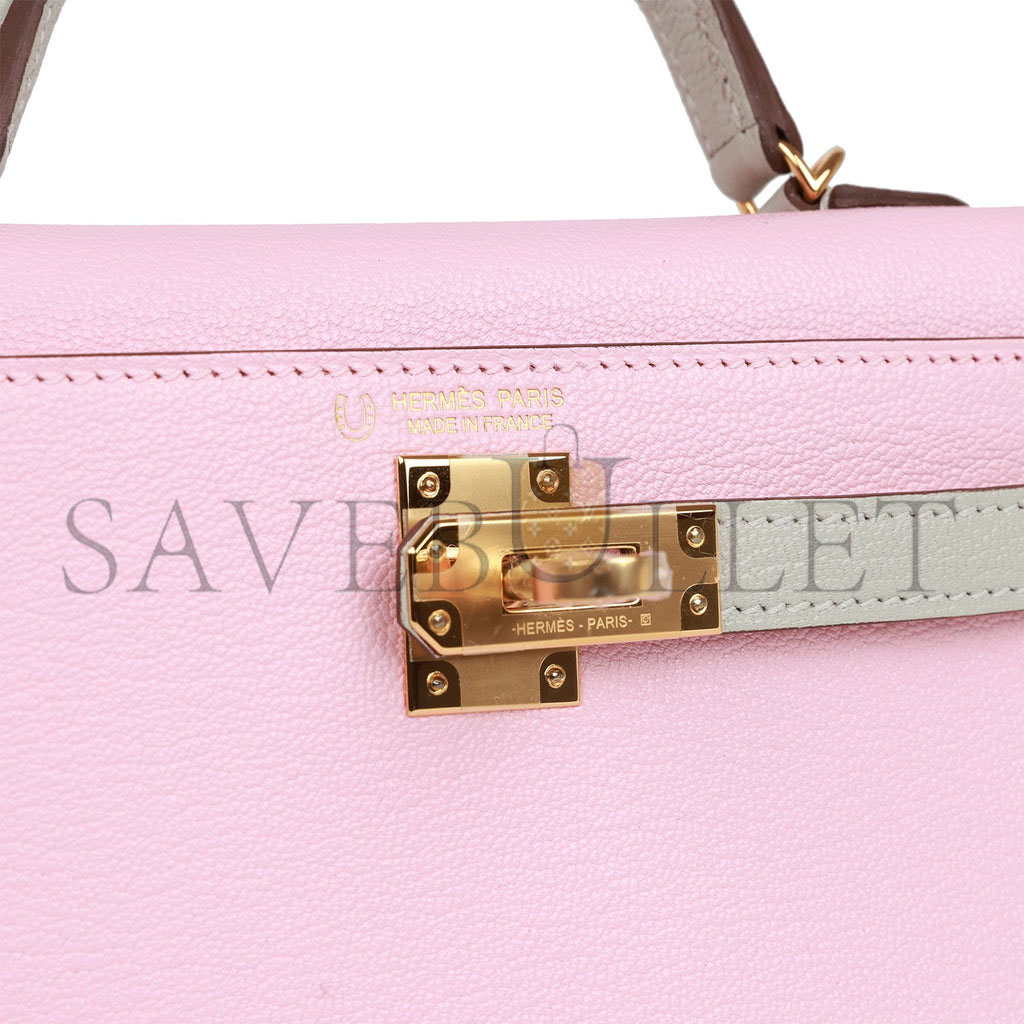 HERMES SPECIAL ORDER (HSS) KELLY SELLIER 20 ROSE SAKURA AND GRIS PERLE CHEVRE GOLD HARDWARE  (19*12*5.5cm)